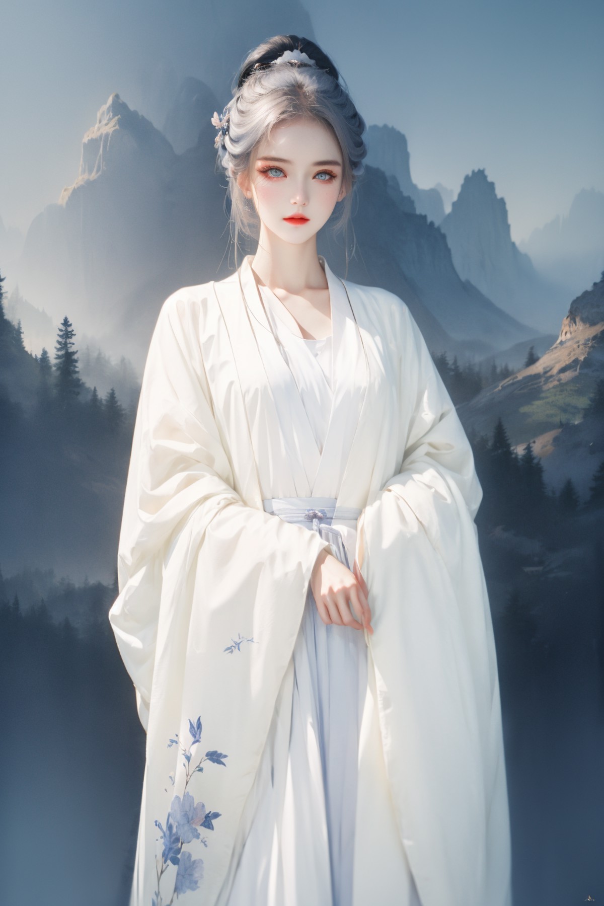 masterpiece, best quality, 8k, cinematic light, ultra high res, chinese painting, 1girl, silver_hair, blue eyes, chinese a...